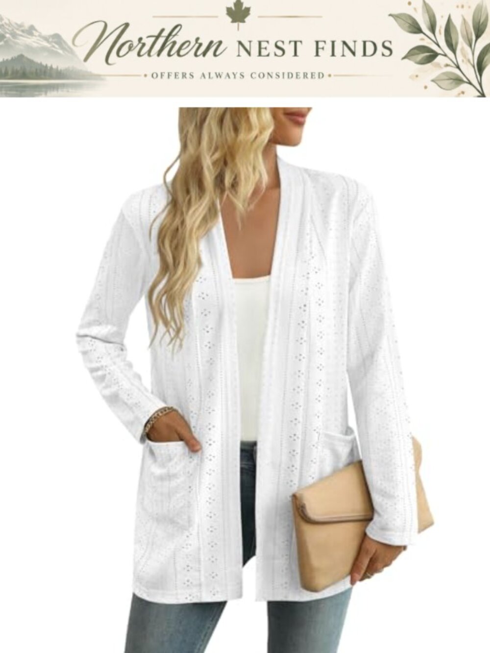 Women's Lightweight Open Front Cardigan Long Sleeve Eyelet Loose Knit Casual